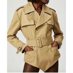 MISS ROSIER Chloe Khaki Double Breast Belted Bodysuit, Khaki, Medium